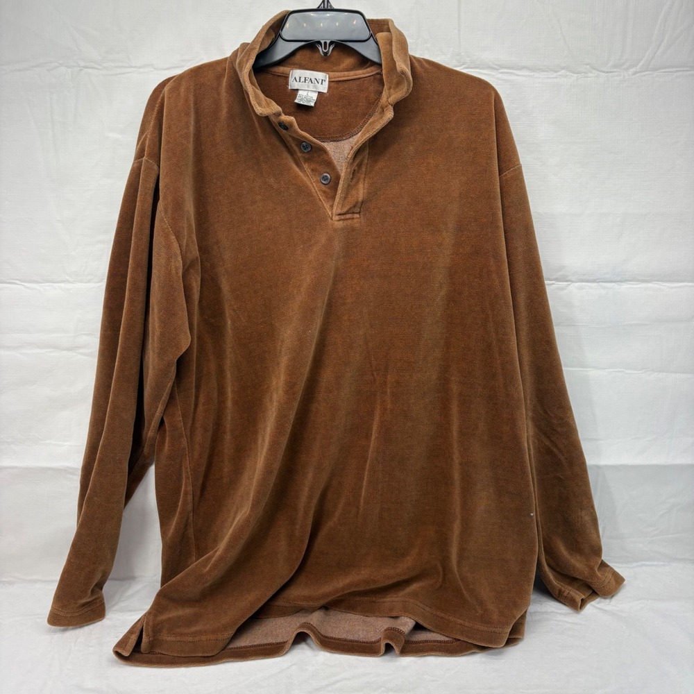 Alfani Mens Brown Velour Long Sleeve Polo Shirt Size Large WPL 8046 Cognac